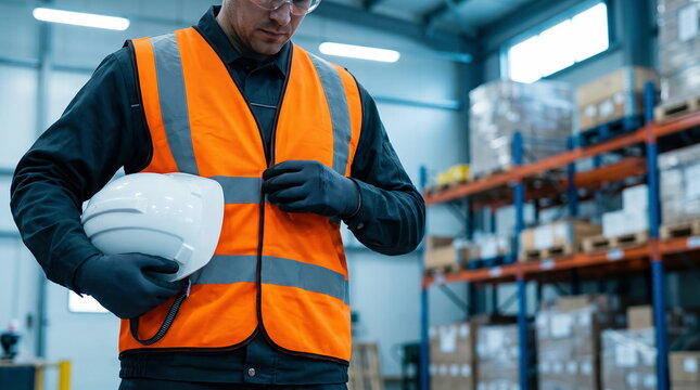 Warehouse worker adjusting high-visibility vest and holding hard hat inside modern logistics facility, signifying readiness for industrial operations.