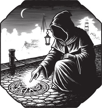 Engraved illustration of a hooded figure conjuring magic on a co