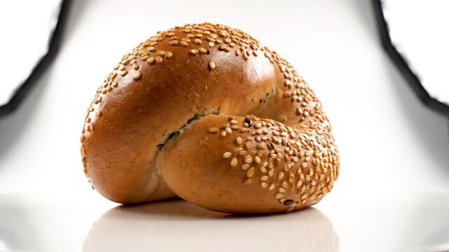 Golden Sesame Seed Bread Roll Baked Fresh in Studio Against White Background, Delicious Bakery Staple for Breakfast or Snack