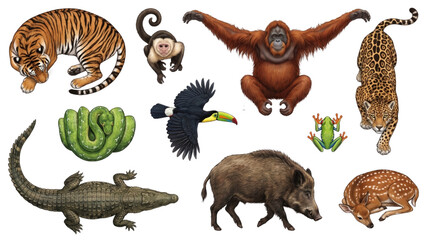 Fototapeta premium Collection of various animals found in the wild, including a tiger, orangutan, monkey, toucan, crocodile, wild boar, and other creature