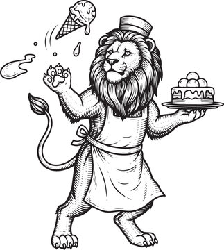 Engraved Lion Confectioner: Anthromorphic Feline Baking Pastries
