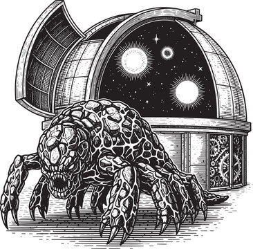 Monstrous creature emerges from space observatory etched illustr