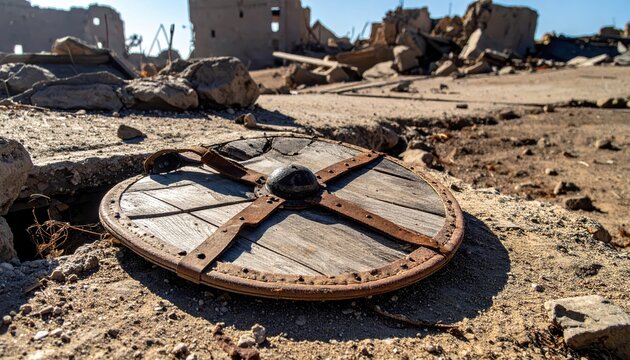 Ancient Viking Shield Resting Amidst Ruins of a Destroyed Medieval Village in Arid Desert Landscape