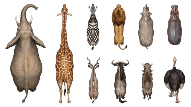 A top-down view of various African safari animals, including an elephant, giraffe, zebra, lion, rhinoceros, hippopotamus, antelope, wildebeest, buffalo, and ostrich, displayed in a grid
