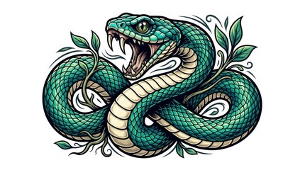 Fototapeta premium Fierce Teal Snake Illustration with Leaves Design
