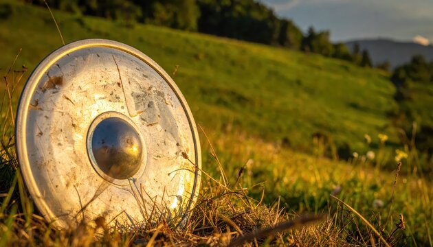 Ancient Viking Shield Resting in a Grassy Hillside Field at Sunset, Evoking History and Adventure