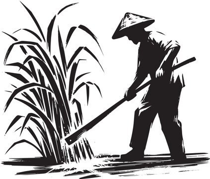 Monochrome depiction of asian farmer harvesting with machete in