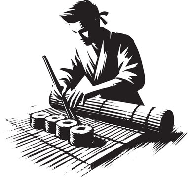 Sumi-e style illustration of sushi master preparing rolls with b