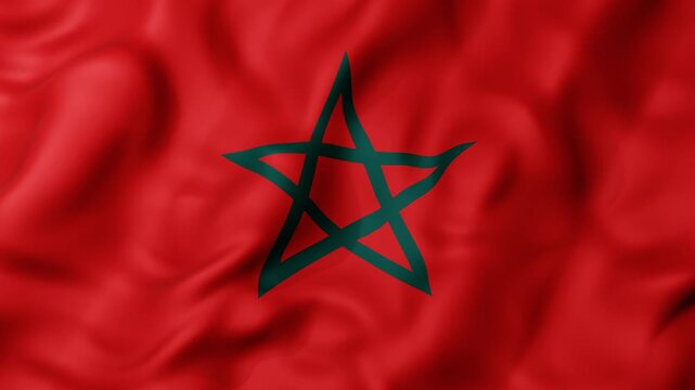 Morocco flag 3d animation with Vibrant red fabric flows with soft folds and gentle motion. Centered black star forms a sharp, bold geometric shape. Seamless loop motion graphics backgrounds in 4k