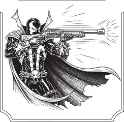 Fototapeta premium Engraved illustration of a comic superhero with a weapon in a dy