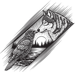 Obraz premium Engraved Raven and Wolf Encounter Illustration in Black and Whit