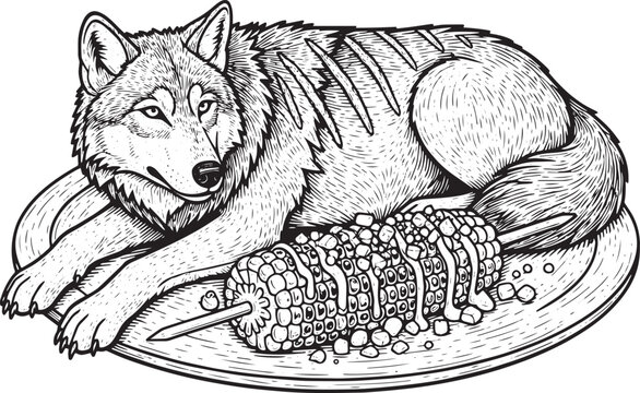 Engraved Wolf Resting on Corn Dish, Vintage-Style Illustration,