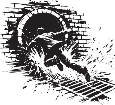 Dramatic sewer escape: Monochrome action illustration with splas