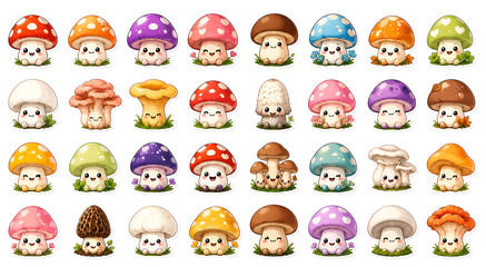 Naklejka premium Cute Kawaii Mushroom Sticker Collection Set. Adorable Cartoon Forest Fungi Characters. Colorful, happy, smiling. Red, pink, blue, yellow, purple