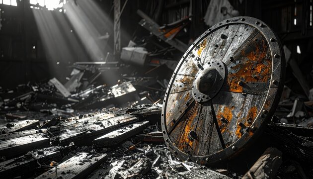 Ancient Viking shield rests among rubble in a dimly lit, abandoned structure with dramatic sunbeams