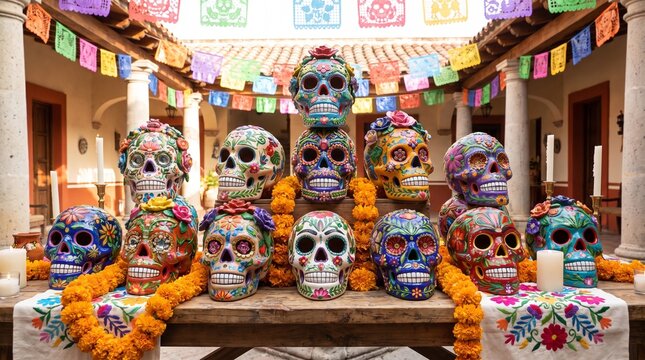 Vibrant Sugar Skulls Displayed for Traditional Dia de los Muertos Celebration