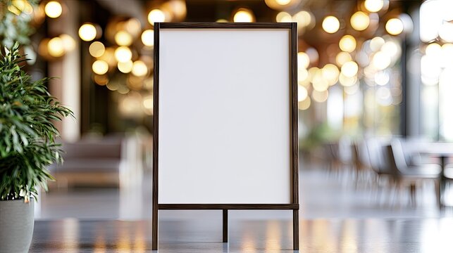 Blank wooden easel stand in blurred cafe interior.