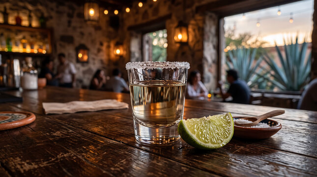 Tequila shot with lime and salt on a rustic wooden bar