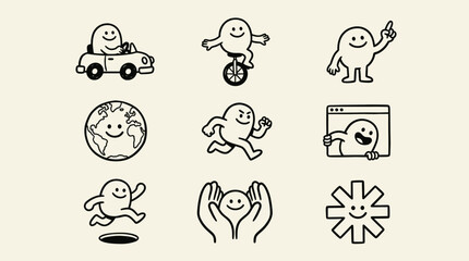 Cheerful blob character icons showing different emotions and daily activities. © gacor