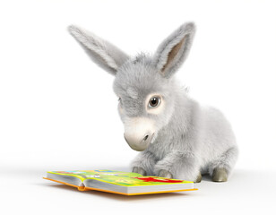 Adorable fluffy baby donkey reading a colorful storybook on white background © eidel