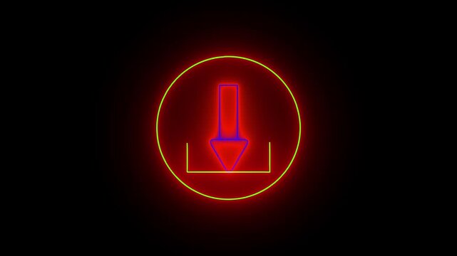 Neon download icon animation. Purple pink blue glowing circle with digital interface design. Futuristic sci-fi UI element. Glowing neon download icon for digital and interface visuals.