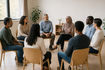 Obraz premium Photorealistic Image of Diverse Adults in Community Dialogue Circle for Conflict Resolution, NGO Education and Workplace Training