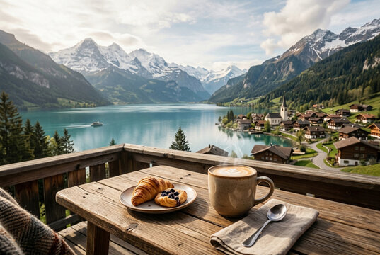 Coffee morning on wooden table with lake, mountain and village background.
