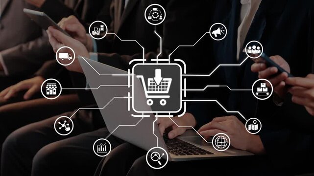 Visual representation of e-commerce networking showcasing connected devices engaged in online shopping, highlighting trends and consumer behavior in today digital marketing landscape. Raster