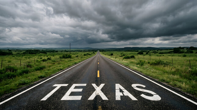 Straight asphalt road running through green countryside under dramatic sky with transportation wilderness landscape adventure grassland direction