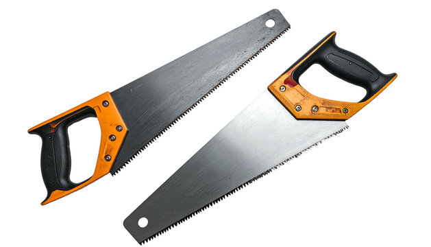 Two handsaws with orange handles on dark background, angled view