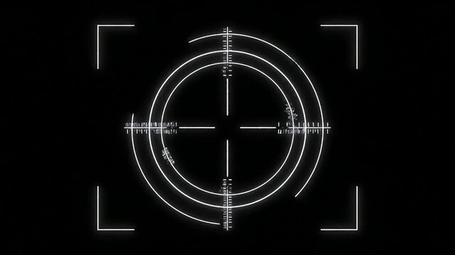 White targeting crosshair with rotating circles on black background.