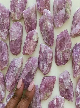 Collection of raw natural unpolished lepidolite crystals with soft light, spiritual healing, and meditation