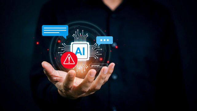 Businessman holding virtual AI microchip with red warning alert symbol representing artificial intelligence risk