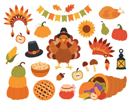 Thanksgiving Day big element set vector illustration. Large autumn harvest collection with turkey, pumpkins, pie, cornucopia, and native american headdress isolated on white background