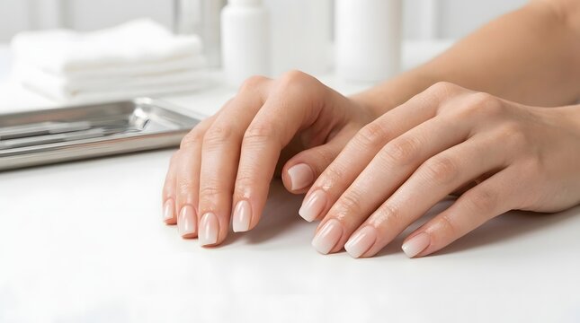 Hands gently folded with soft nude manicure and warm tones.