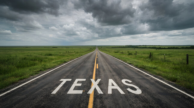 Endless paved highway stretching through green plains under dramatic storm clouds with large white lettering with extending straight horizon