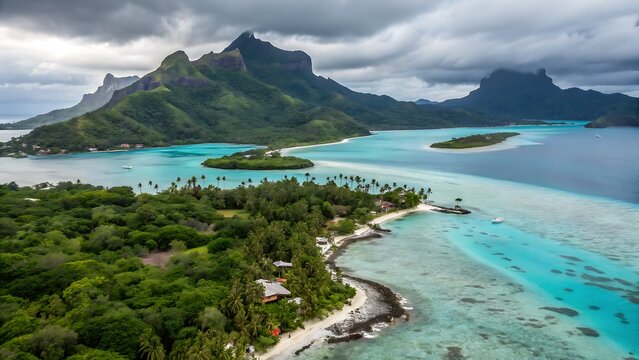Aerial view of tropical island lagoon. Exotic paradise landscape with turquoise water.