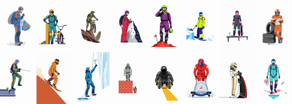 Flat design vector icons of people participating in extreme sports, including mountaineering, bobsledding, motorcycling, and skydiving, isolated on a white background.