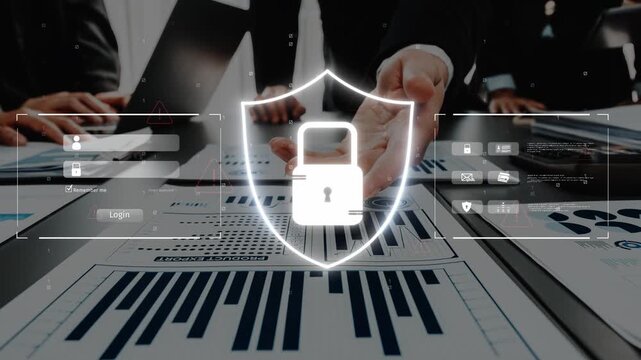 Business professionals engage in a critical discussion about cybersecurity strategies, featuring a digital lock symbol overlay on data analysis and charts. Raster