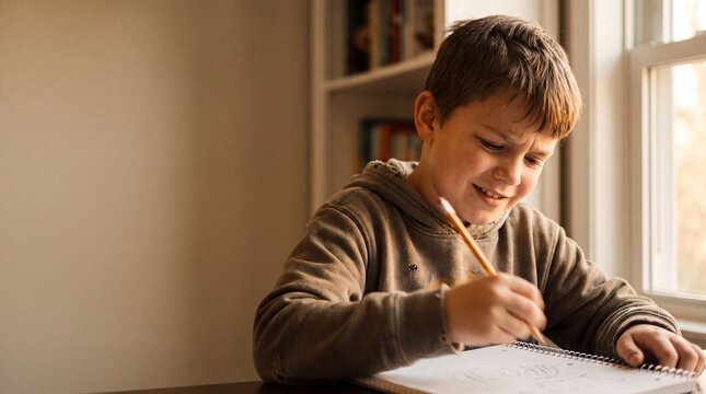 Child Concentrating on Homework: A young boy with a furrowed brow intently writes in a notebook, his pencil poised as he focuses on his assignment by the window.