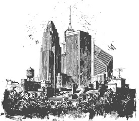 Obraz premium Sketch of New York City skyline buildings and trees with water tower and antenna.