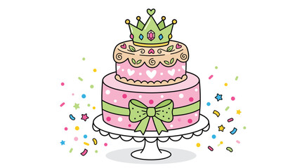 Two-tiered pink princess birthday cake with green crown and confetti