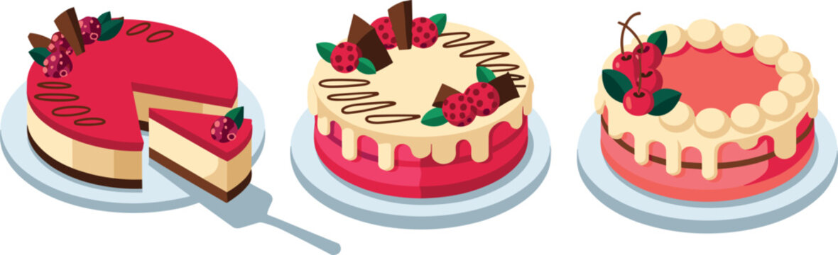 Isometric Delicious Cake and Cheesecake Vector Set with Berry Toppings Chocolate and Cream for Bakery Cafe Menus Birthday Celebrations and Food Designs