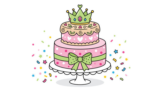 Two-tiered pink princess birthday cake with green crown and confetti