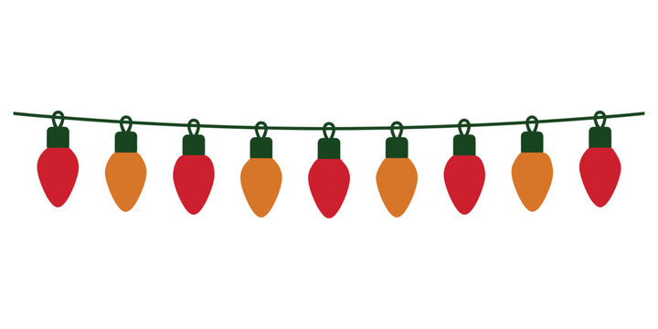 Christmas string lights garland with red and orange bulbs hanging for holiday seasonal decoration and festive backdrop.