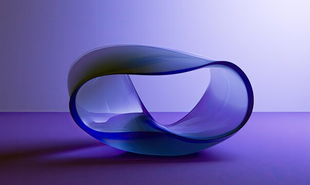 Blue M&ouml;bius loop sculpture on purple surface with shadow.
