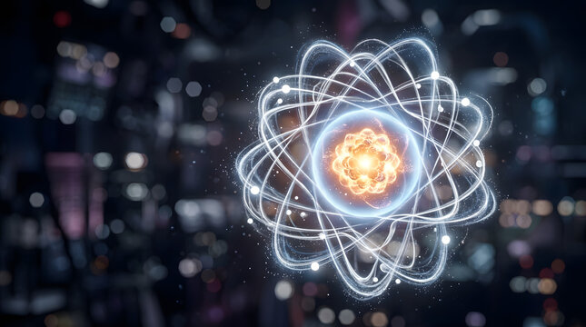 Glowing atom structure with electron orbits over dark blurred city background with depicts luminous atomic model swirling electron paths against dark bokeh background
