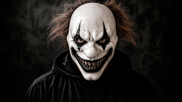 Scary clown mask with sharp teeth and sinister smile. Creepy evil villain in black hooded cloak on dark background. Horror Halloween costume portrait