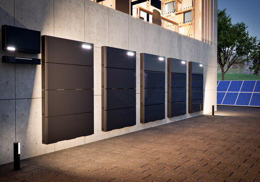 Group of home batteries or energy storage systems with solar panels