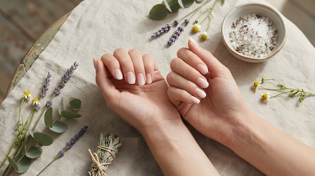 Close-up of natural hands with clean nails on textured fabric, soft neutral tones and minimal spa aesthetic.